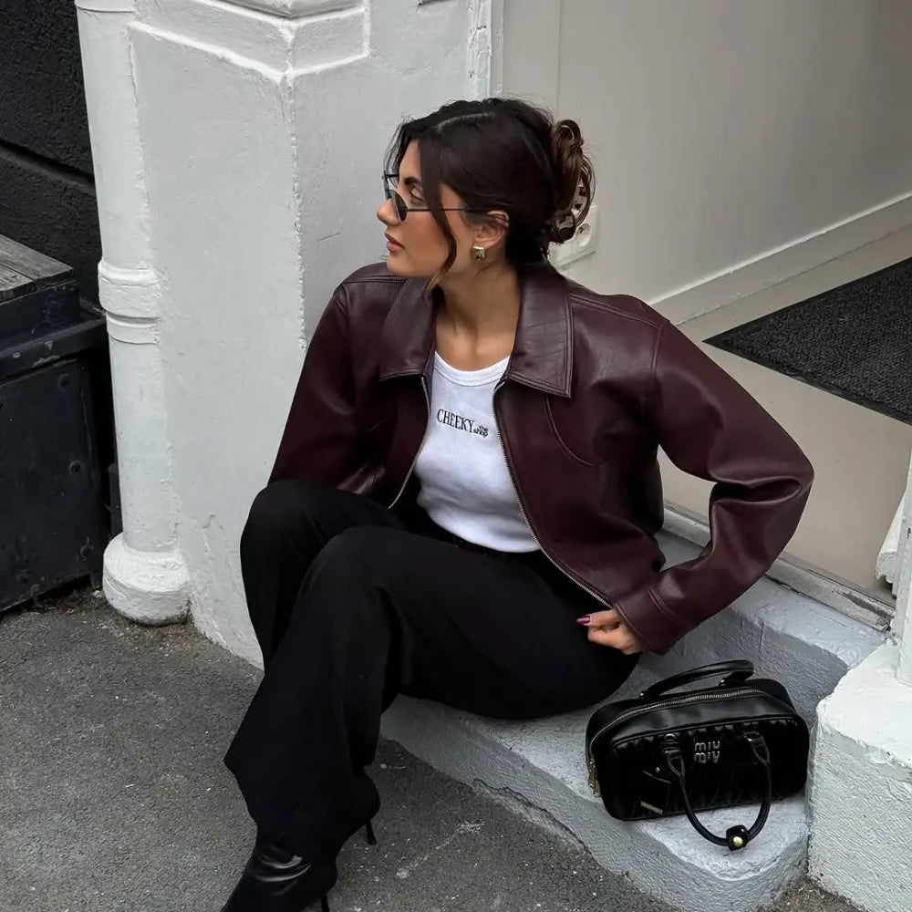 Burgundy Faux Leather Short Jacket