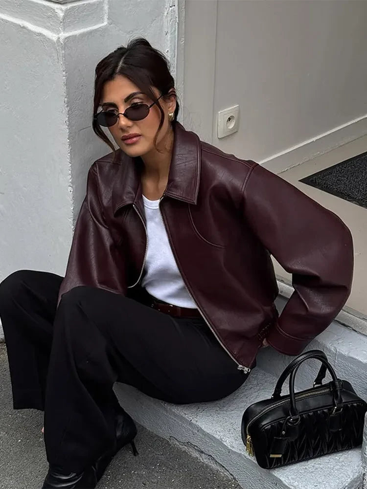 Burgundy Faux Leather Short Jacket