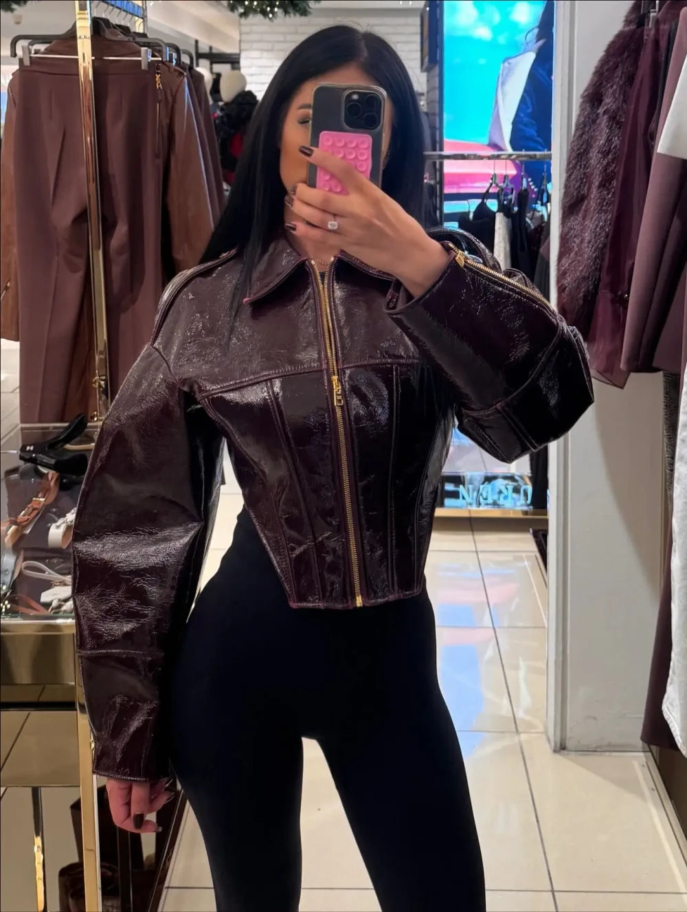 Burgundy Faux Leather Short Jacket