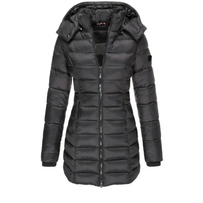 Women's Thick Padded Parka Coat – Slim Mid-Length Hoodie Jacket