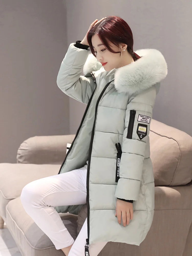 Women's Slim Fur Collar Hooded Parka – Elegant Thick Long Winter Coat