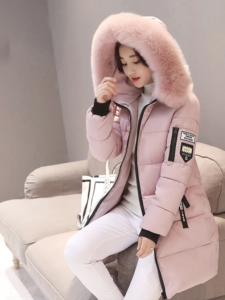 Women's Slim Fur Collar Hooded Parka – Elegant Thick Long Winter Coat