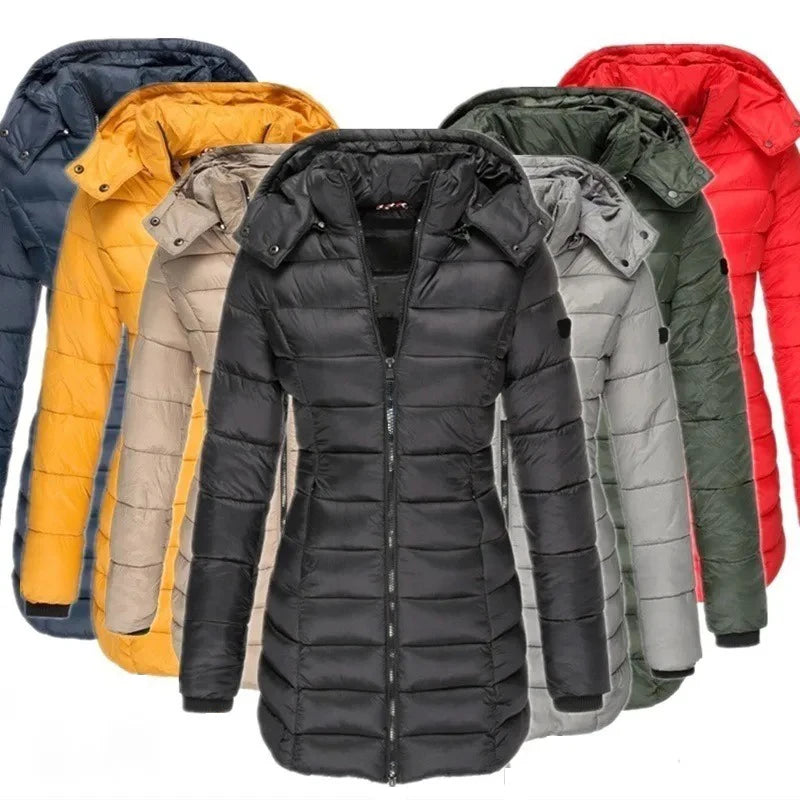 Women's Thick Padded Parka Coat – Slim Mid-Length Hoodie Jacket