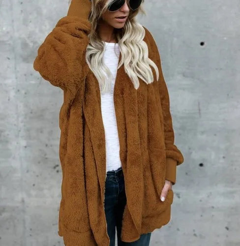 Women's Double Fleece Hooded Cardigan Jacket – Warm Oversized Coat