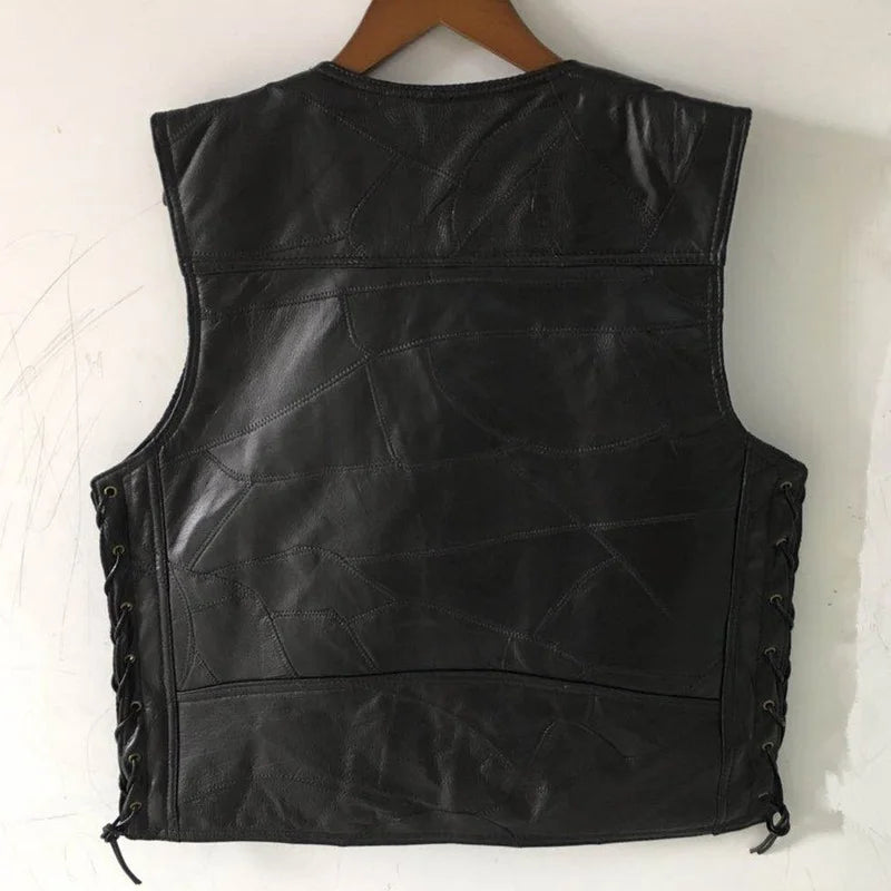 Men's Leather Motorcycle Vest – Side Lace Adjustable Biker Vest in Soft Sheepskin (S–4XL)