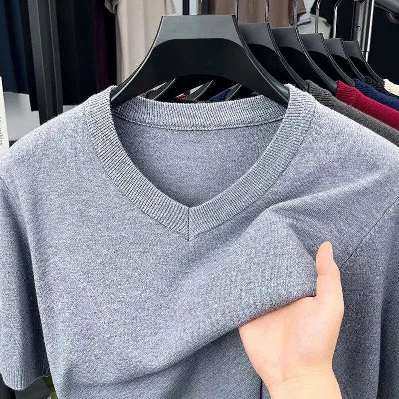 Men's V-Neck Knit Pullover – Soft Thin Short Sleeve Sweater for Business & Casual Wear (M–4XL)