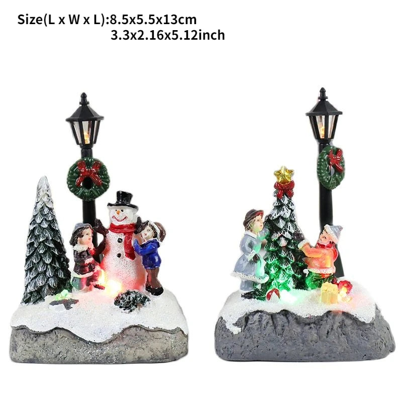Christmas Village Scene LED Resin Ornament – Snowman Street Lamp Holiday Figurine