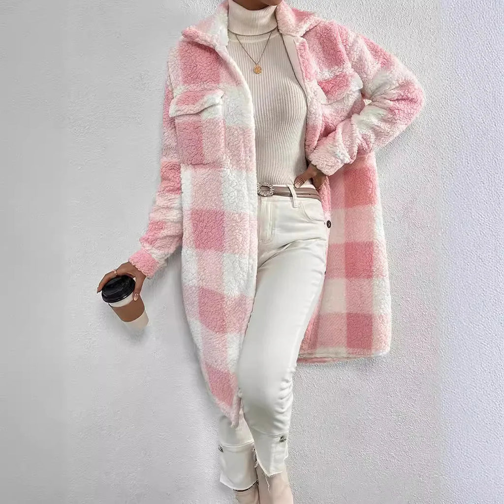 Women's Long Plaid Fleece Trench Coat – Oversized Button Pocket Winter Coat