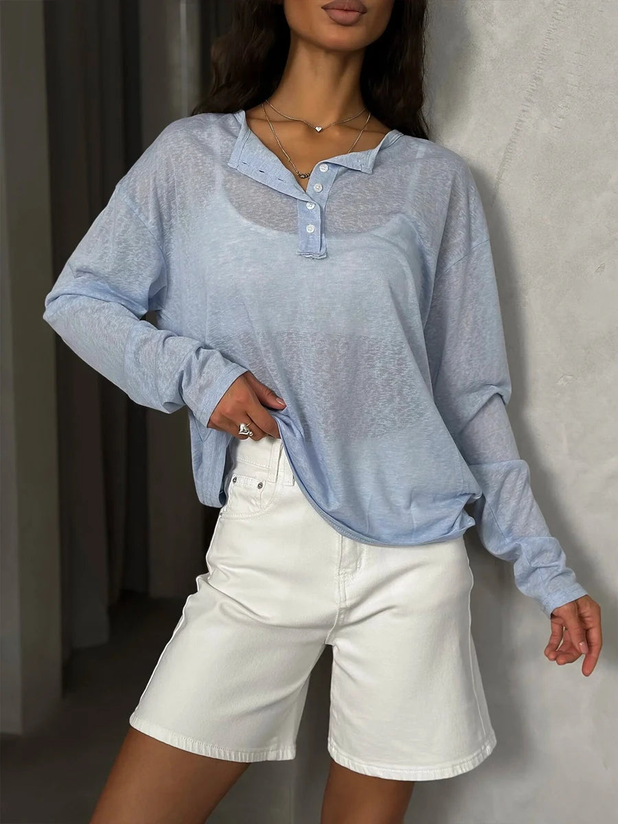 Women's Soft Knit Long Sleeve Tee – Casual Loose Bottom T-Shirt