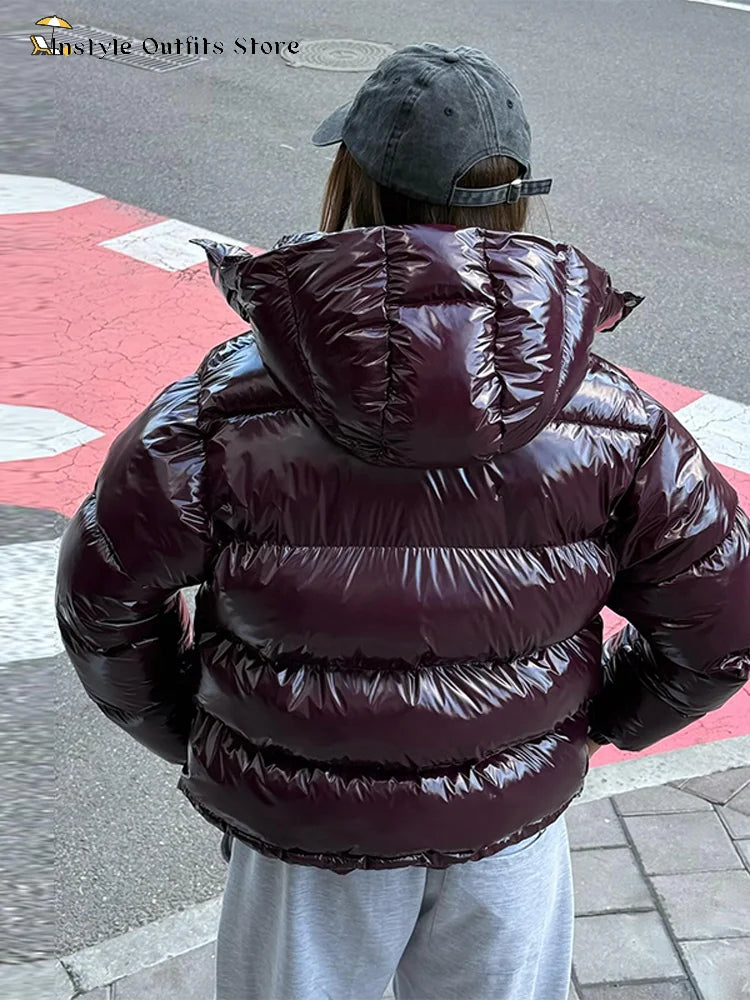 Women's Glossy Hooded Padded Coat – Loose Zip Winter Outwear