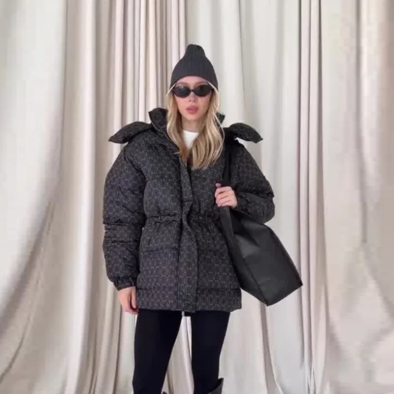 Women's Printed Hooded Down Jacket – Slim Thicken Quilted Winter Coat