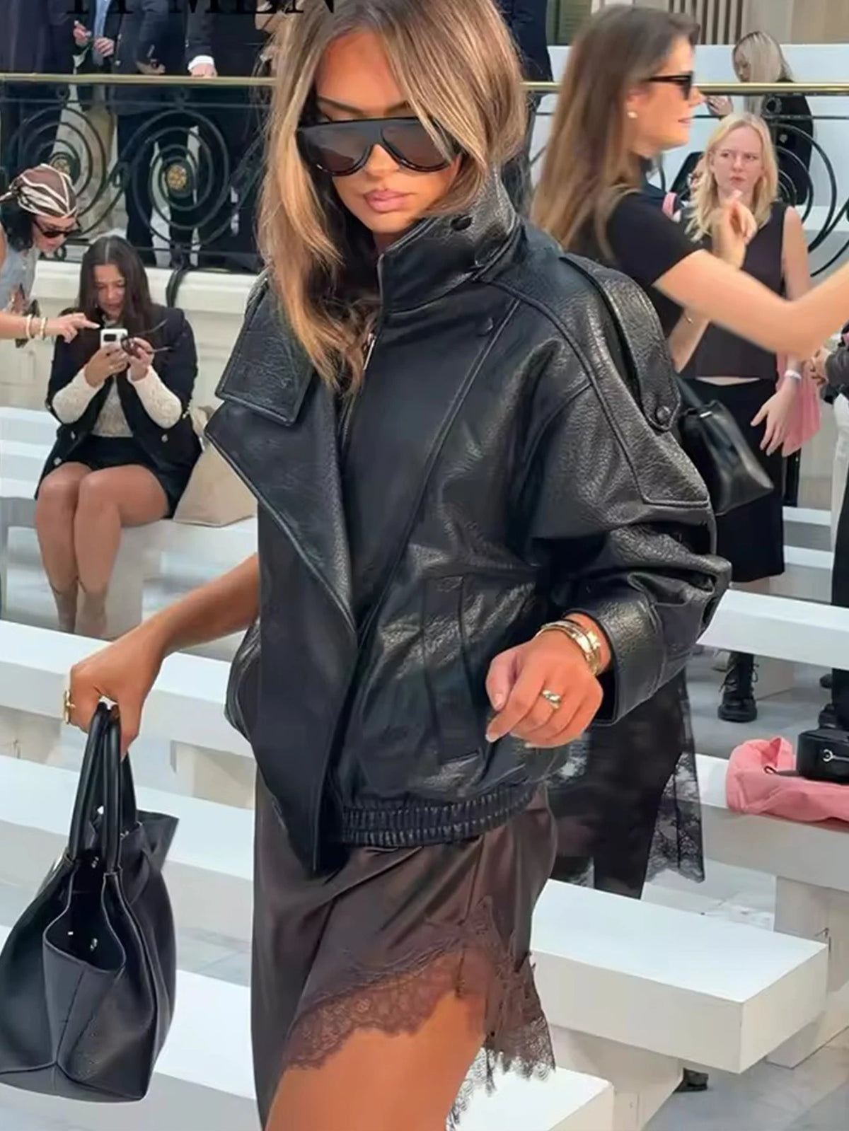 Women's Faux Leather Jacket-Long sleeve
