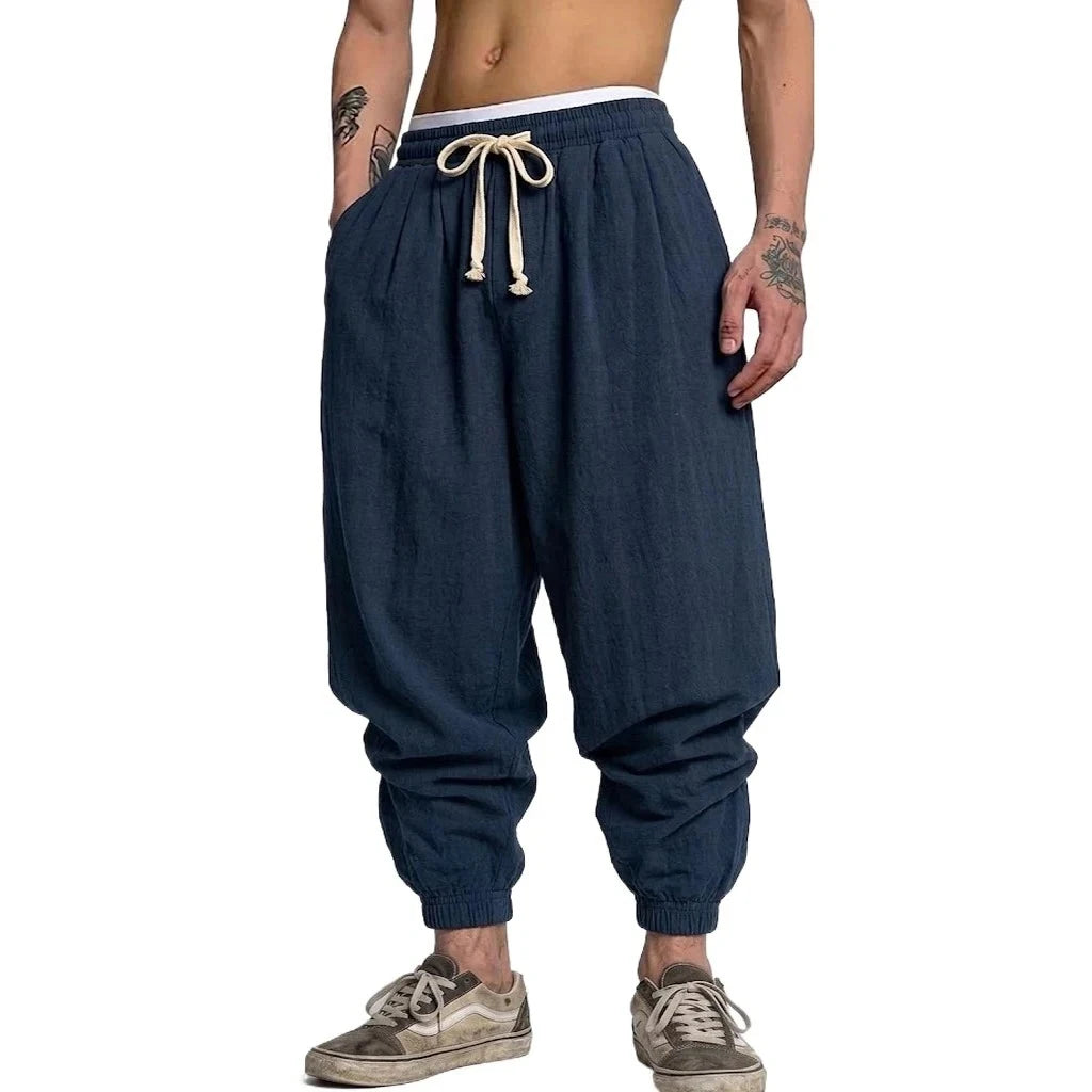 Men's Linen Harem Drawstring Trousers – Baggy Sweatpants for Yoga & Daily Commute