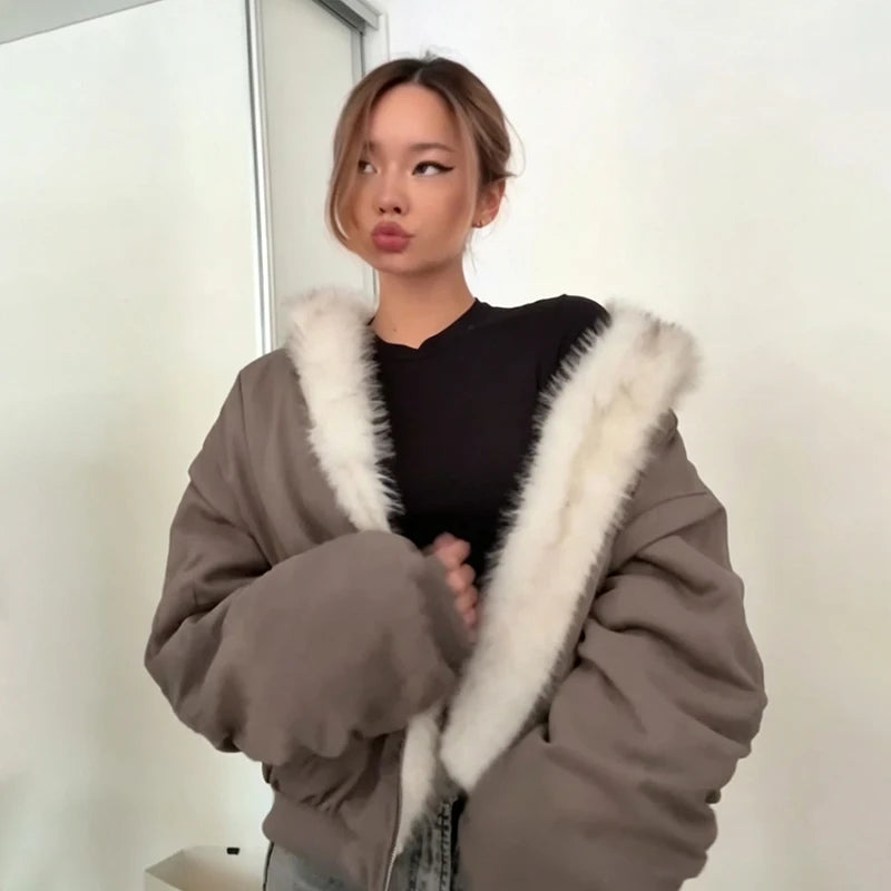 Women's Reversible Faux Fur Hooded Puffer Coat – Oversized Batwing Winter Jacket