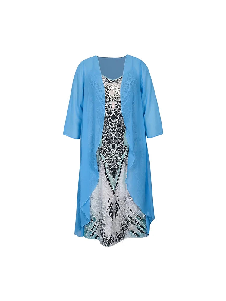 Women's Plus Size Graphic Printed Dress Set – Casual Open Front Outfit