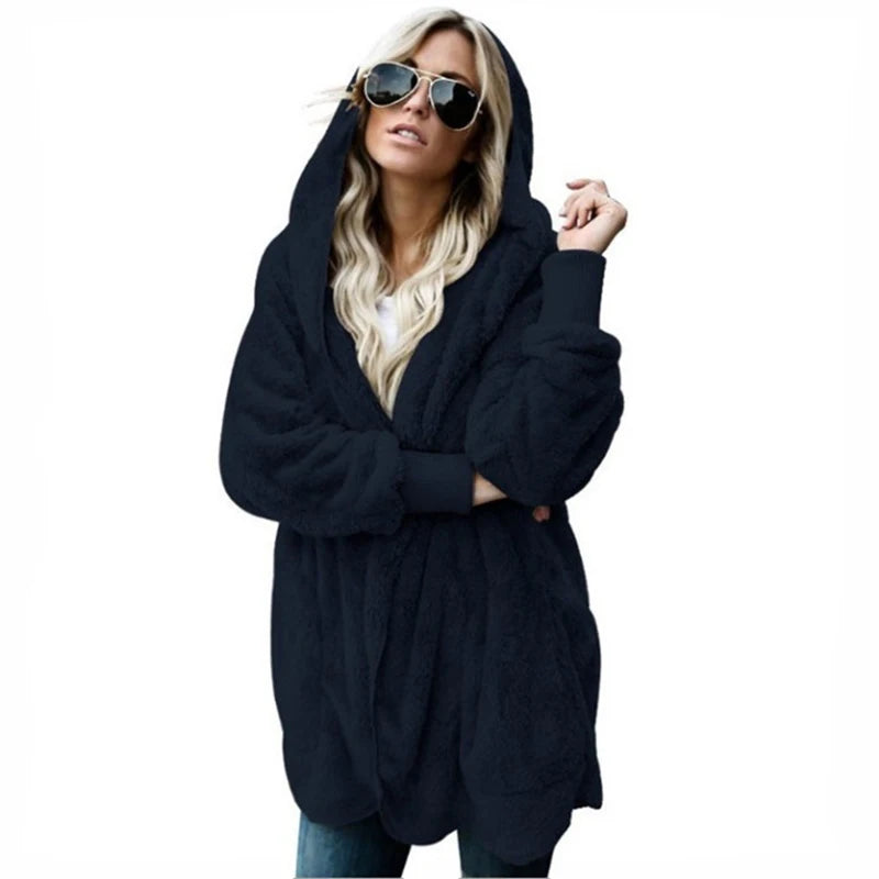 Women's Double Fleece Hooded Cardigan Jacket – Warm Oversized Coat