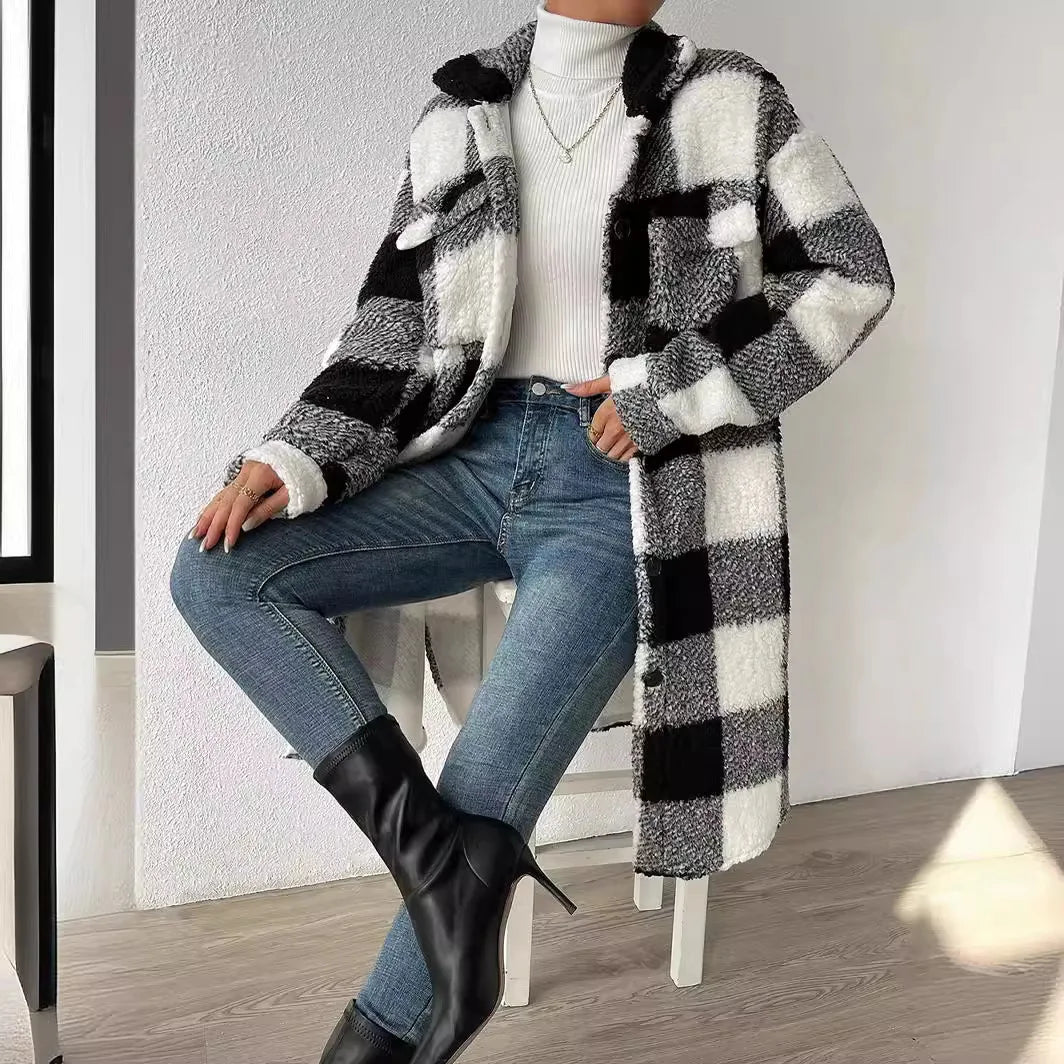 Women's Long Plaid Fleece Trench Coat – Oversized Button Pocket Winter Coat