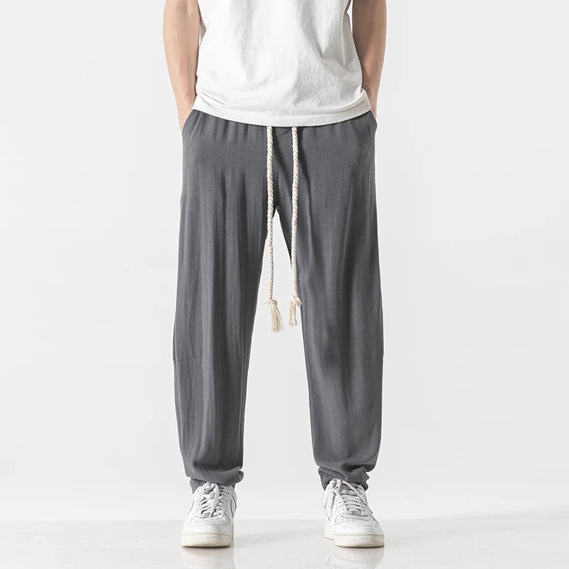 Men's Cotton Linen Harem Pants – Breathable Loose Fit Ankle-Length Streetwear Trousers