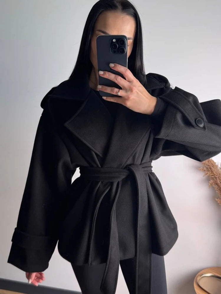 Women's Short Wool Blend Belted Trench Coat – Loose Casual Winter Jacket