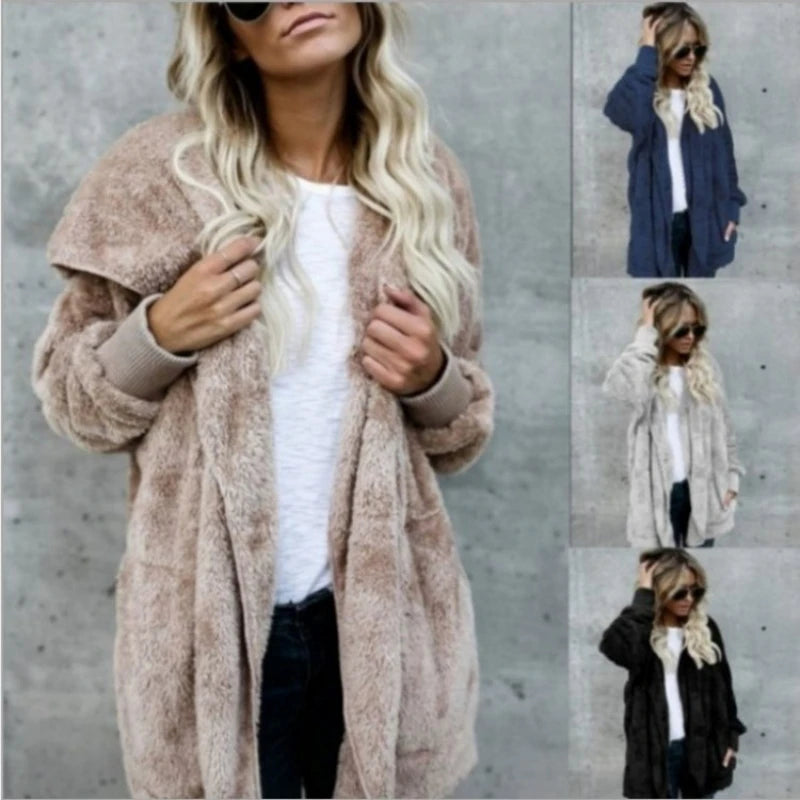Women's Double Fleece Hooded Cardigan Jacket – Warm Oversized Coat