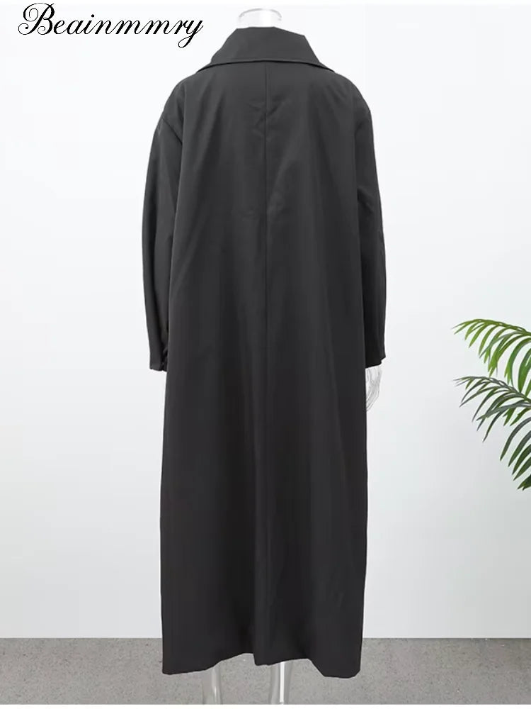 Women's Long Black Windbreaker Trench Coat – Loose Stand Collar Outwear