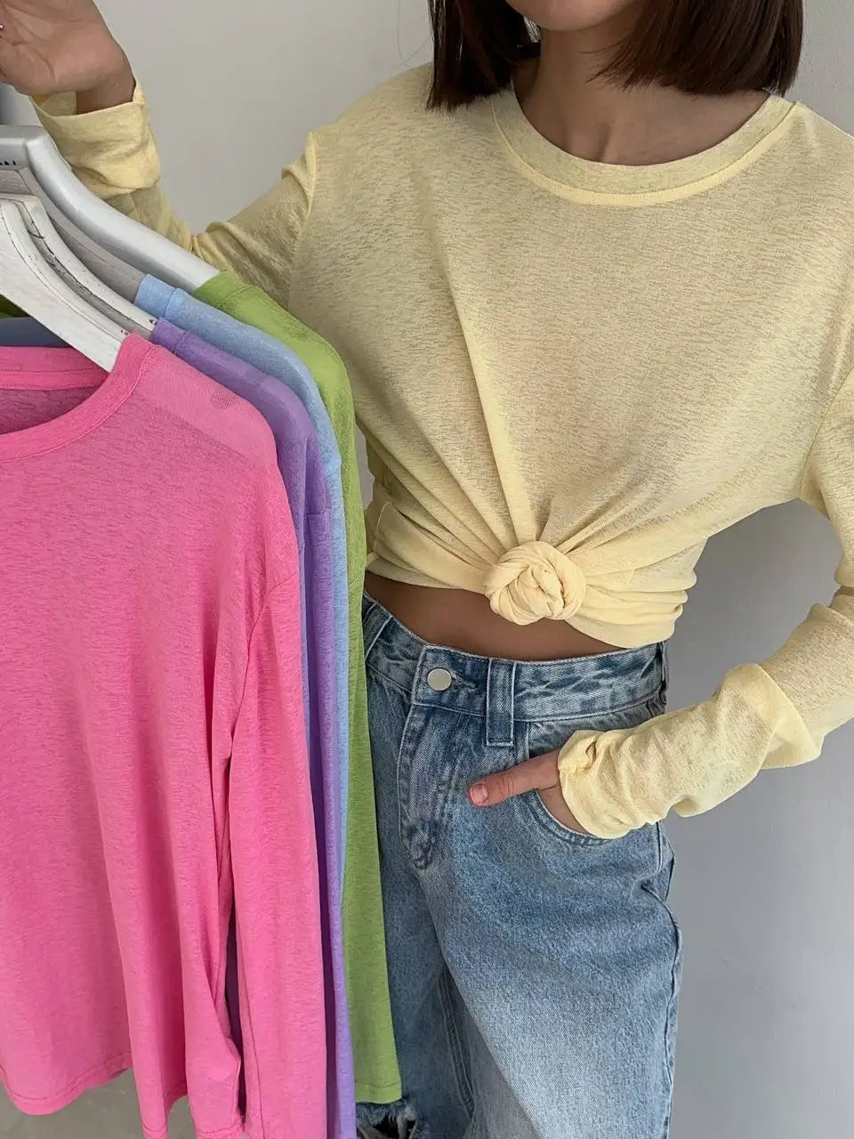 Women's Soft Knit Long Sleeve Tee – Casual Loose Bottom T-Shirt