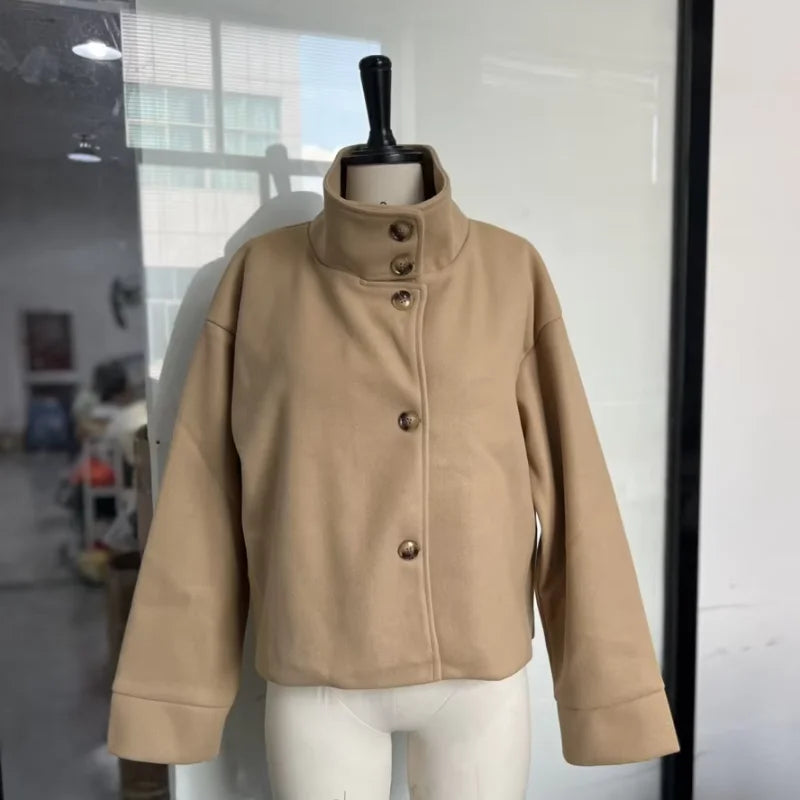 Women's Short Woolen Zip Jacket – Loose Stand Collar Outwear 2025