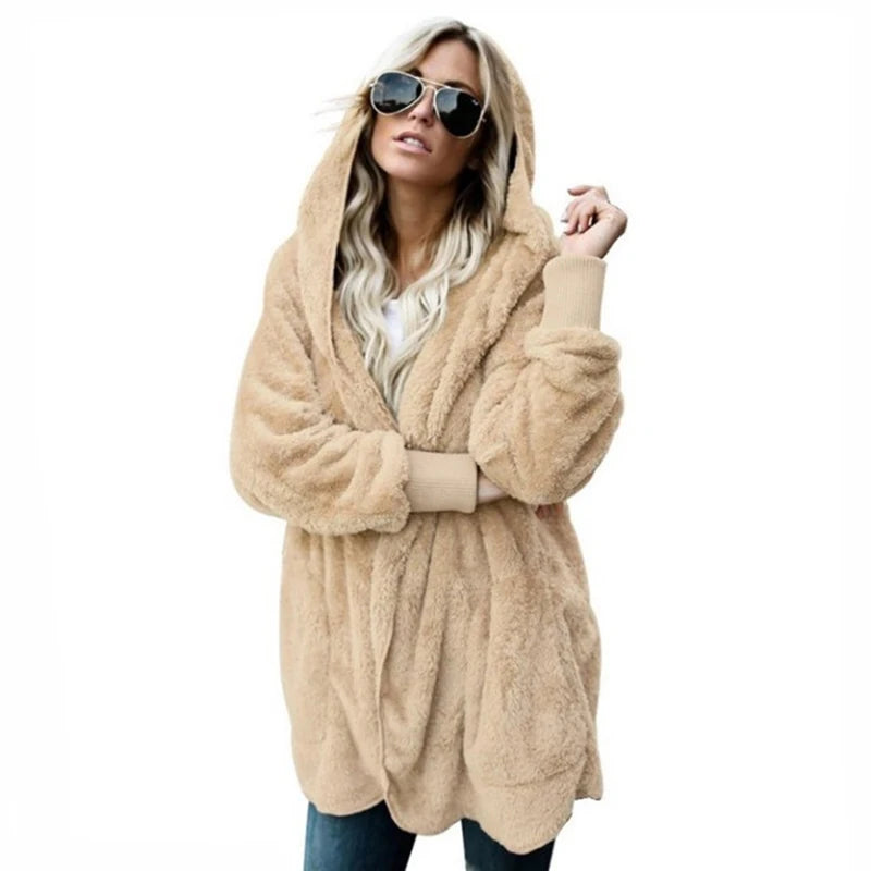 Women's Double Fleece Hooded Cardigan Jacket – Warm Oversized Coat