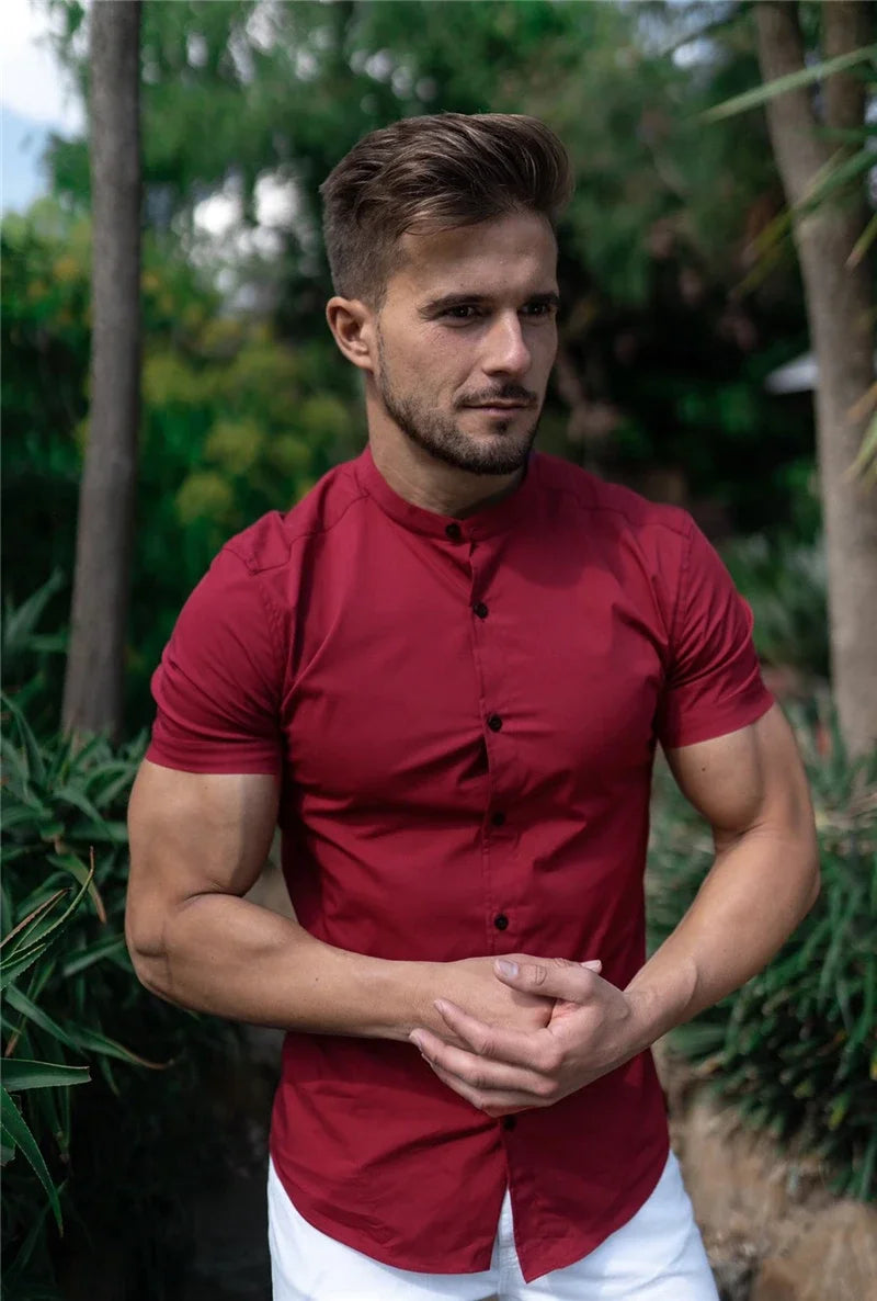 Men's Slim Fit Short Sleeve Dress Shirt – Broadcloth Stand Collar for Business, Gym & Casual Wear (M–XXL)