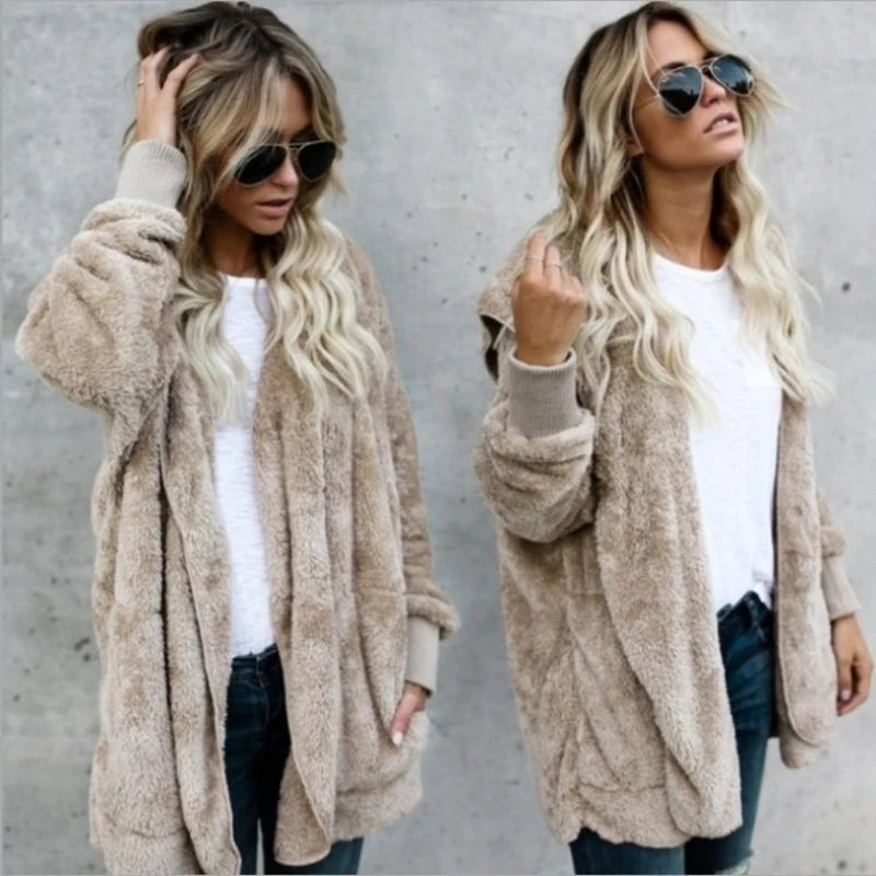 Women's Double Fleece Hooded Cardigan Jacket – Warm Oversized Coat