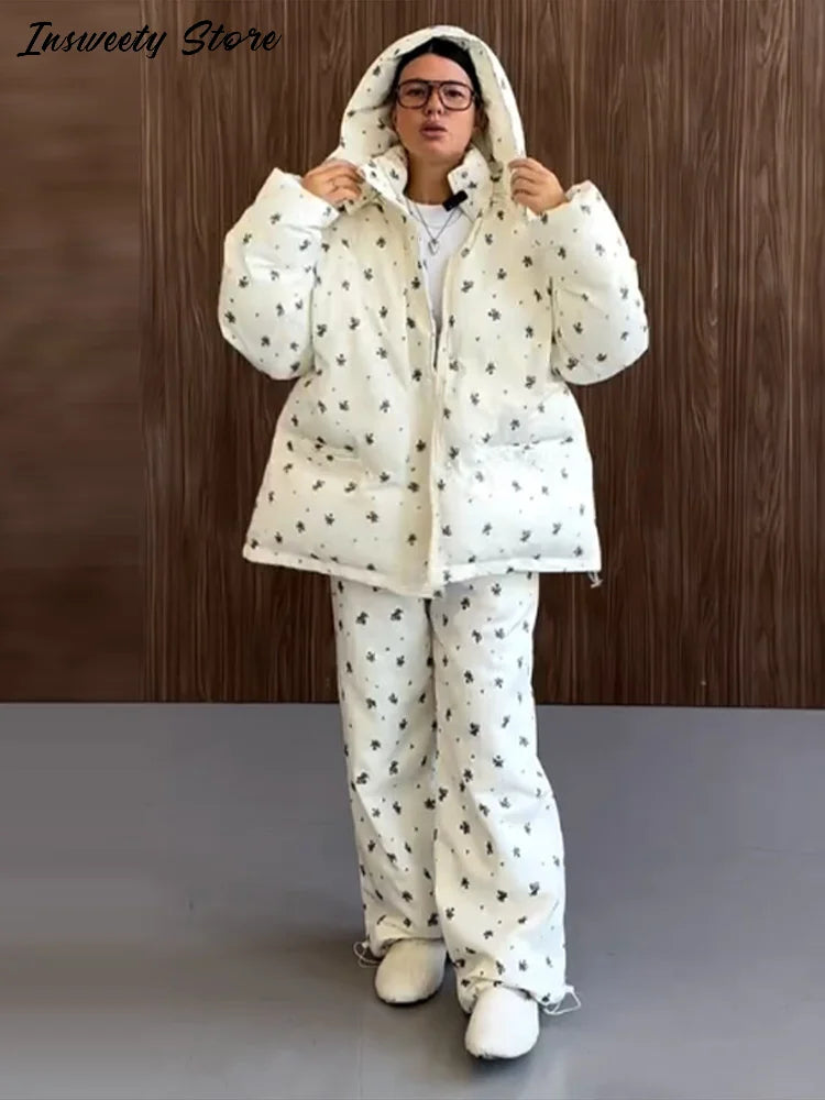 Women's Striped Puffer Coat & Wide Leg Pants Set – Warm Winter Outfit