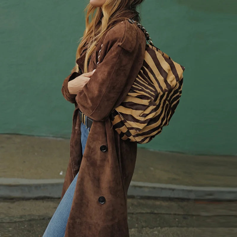 Women's Vintage Suede Belted Trench Coat – Retro Windbreaker Outerwear