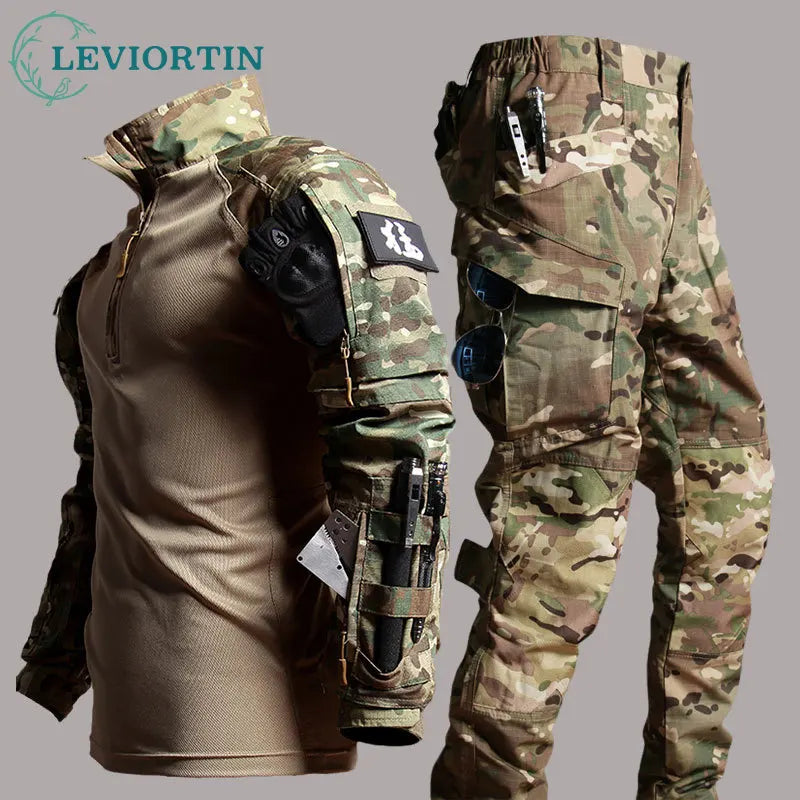 Mens Tactical Workwear Suit-Long Sleeve Shirt & Trousers Outdoor Camping Set