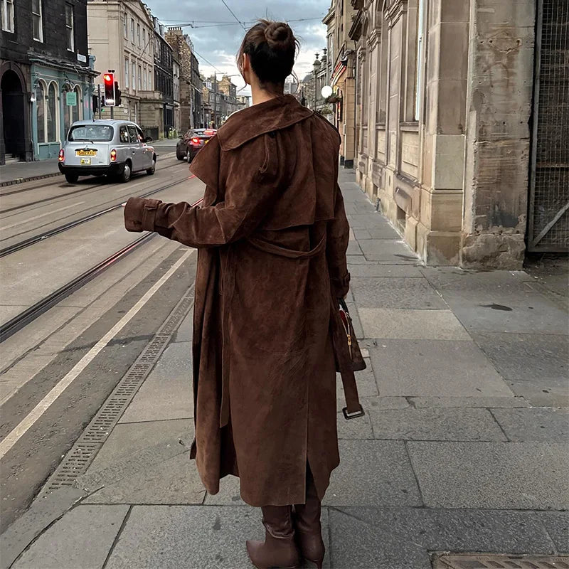 Women's Vintage Suede Belted Trench Coat – Retro Windbreaker Outerwear