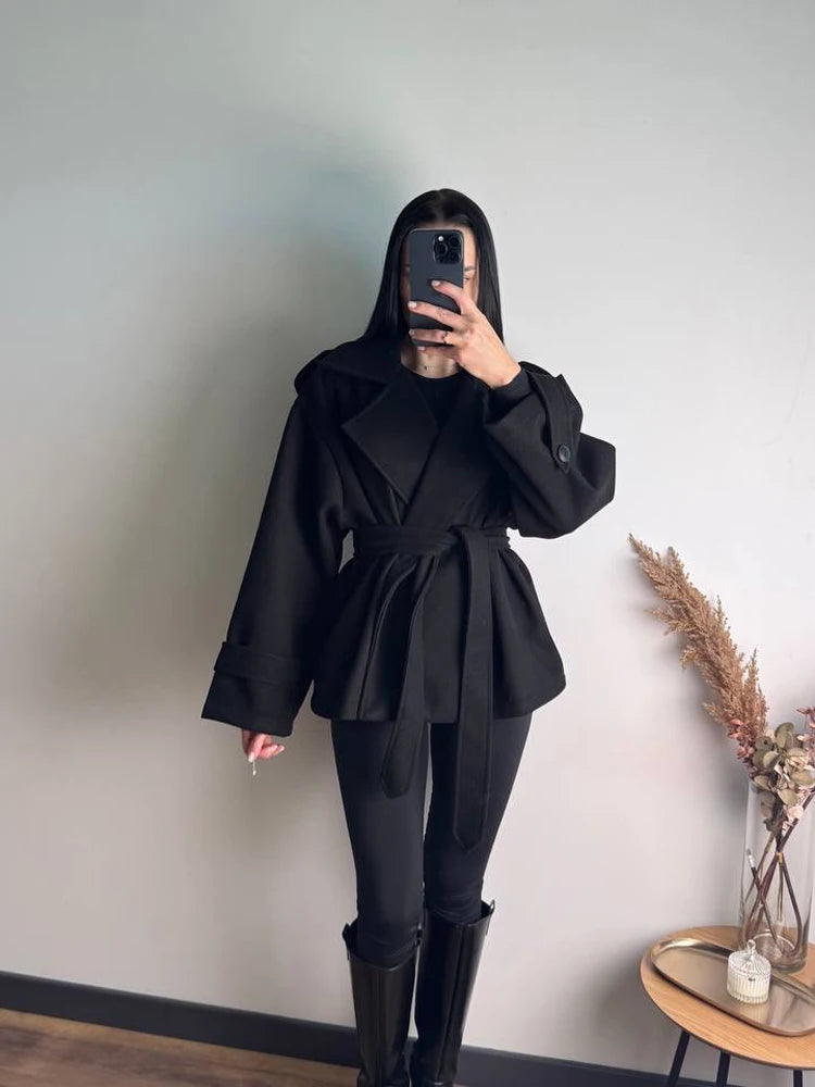 Women's Short Wool Blend Belted Trench Coat – Loose Casual Winter Jacket