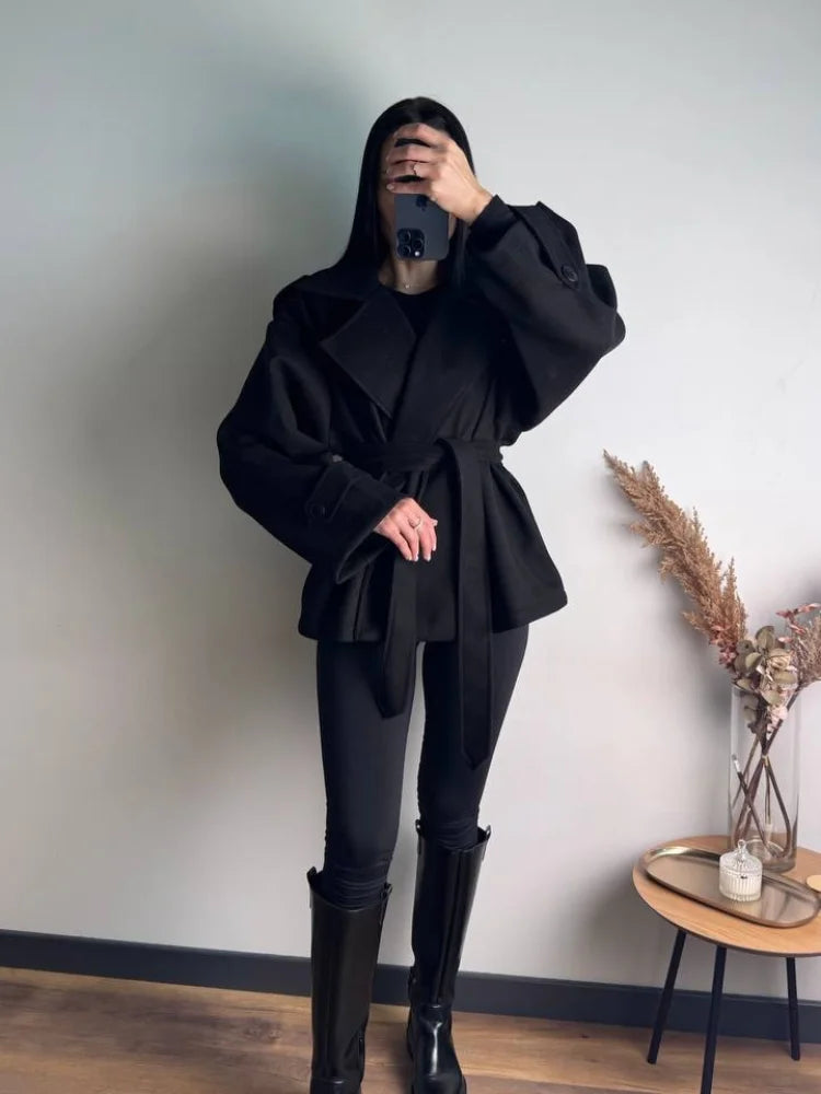 Women's Short Wool Blend Belted Trench Coat – Loose Casual Winter Jacket