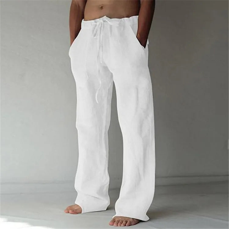 Men's Linen-Loose Straight Leg Cotton Linen Drawstring Trousers