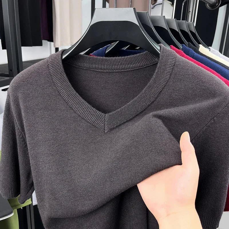Men's V-Neck Knit Pullover – Soft Thin Short Sleeve Sweater for Business & Casual Wear (M–4XL)