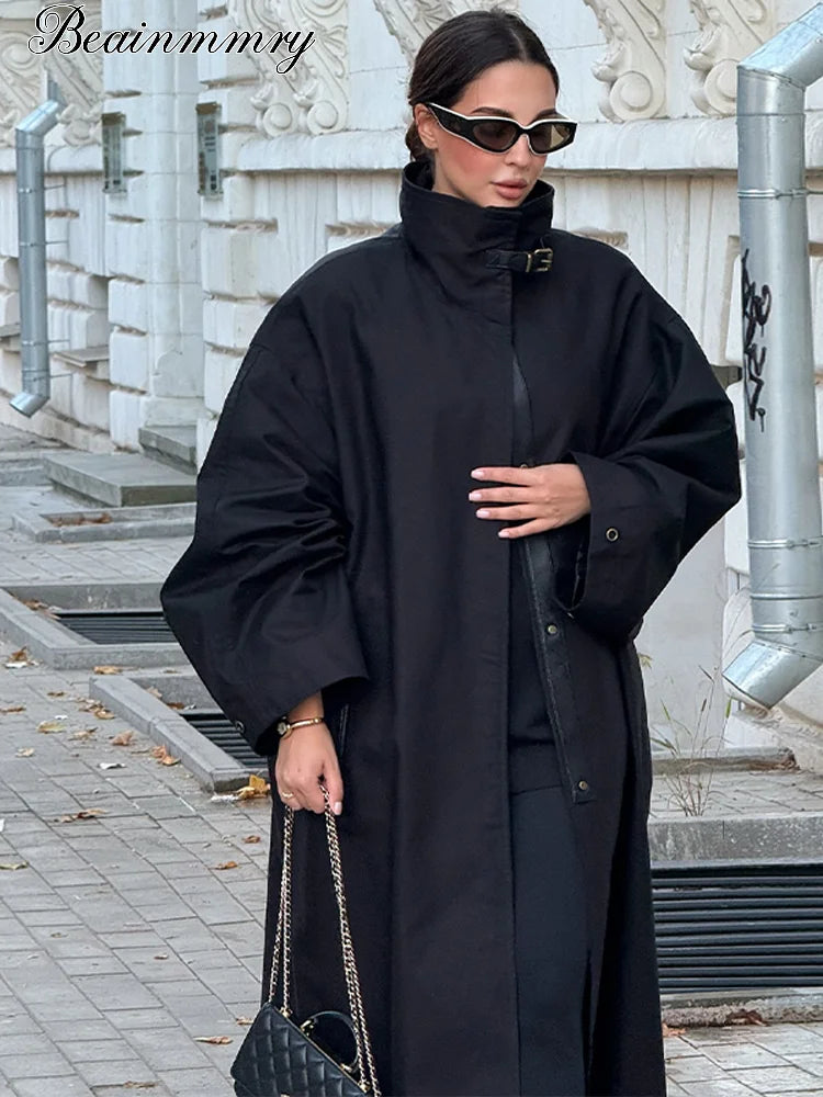 Women's Long Black Windbreaker Trench Coat – Loose Stand Collar Outwear