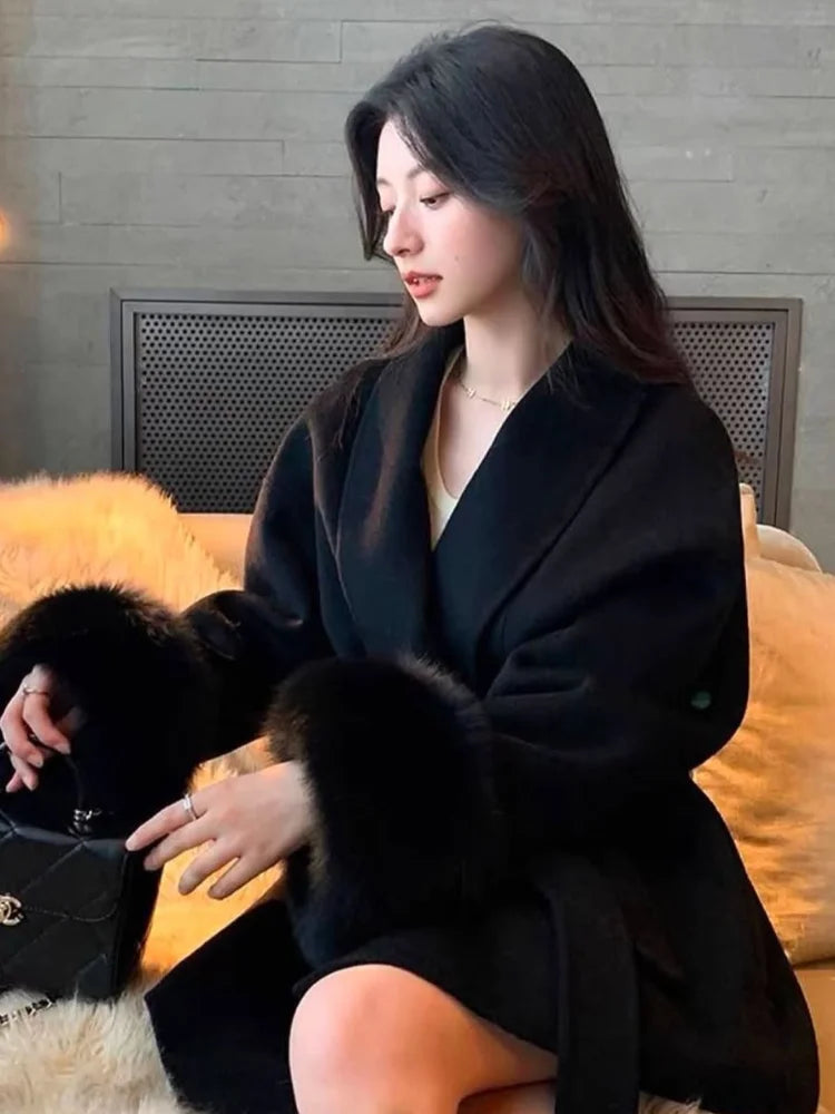 Women's Short Wool Blend Belted Trench Coat – Loose Casual Winter Jacket
