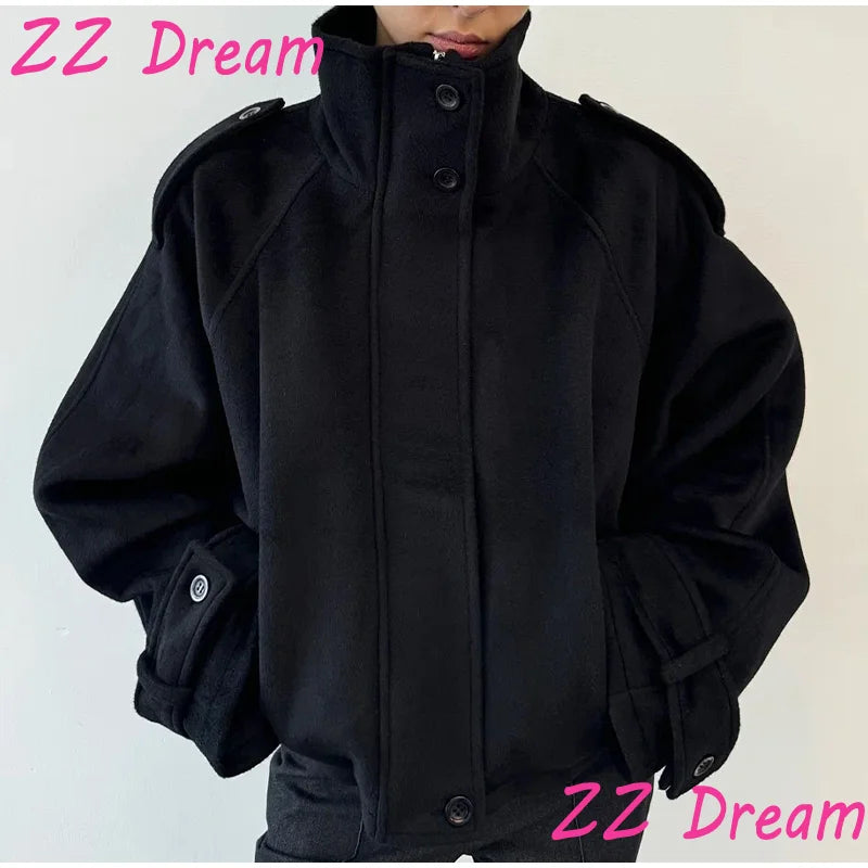 Women's Short Woolen Zip Jacket – Loose Stand Collar Outwear 2025