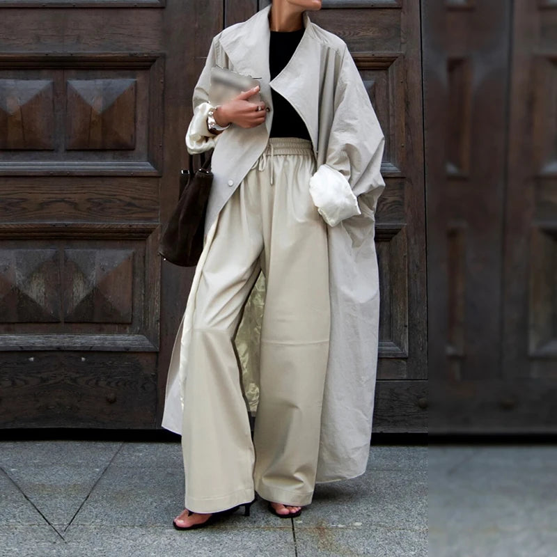 Women's Oversized Maxi Trench Coat – Dolman Sleeve Snap Button Outerwear