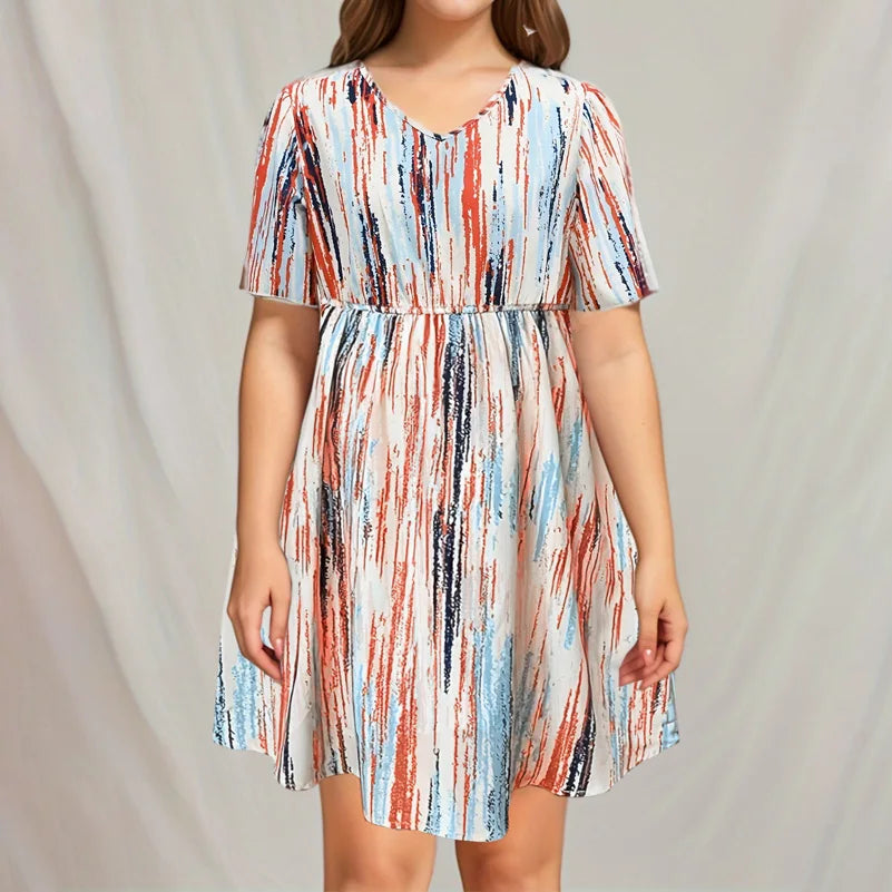 Women's Plus Size Striped V-Neck Dress – Casual Elastic Waist Resort Dress