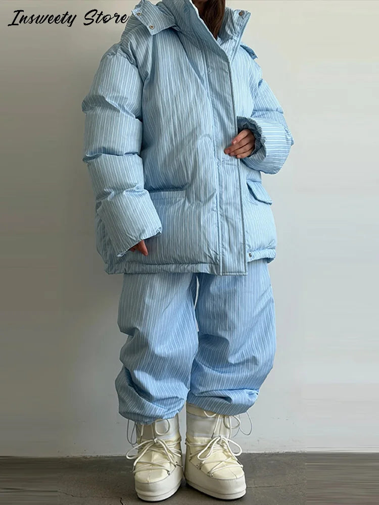 Women's Striped Puffer Coat & Wide Leg Pants Set – Warm Winter Outfit