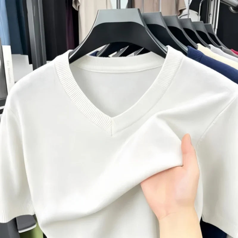 Men's V-Neck Knit Pullover – Soft Thin Short Sleeve Sweater for Business & Casual Wear (M–4XL)