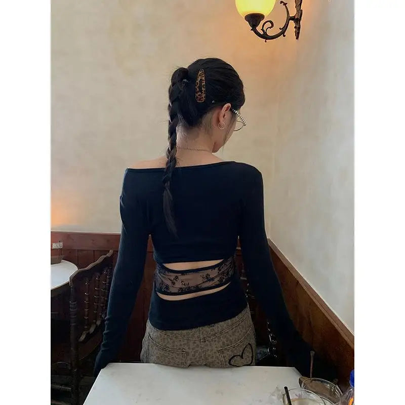 Women's Vintage Y2K Hollow Out Crop Tee – Japanese Aesthetic Streetwear Top