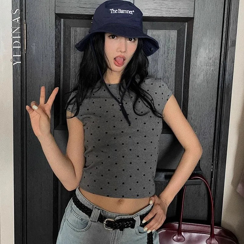 Women's Polka Dot Slim T-Shirt – Korean Vintage Y2K Streetwear Top
