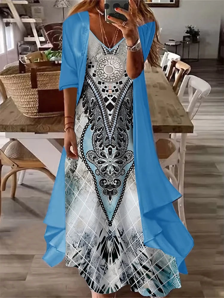 Women's Plus Size Graphic Printed Dress Set – Casual Open Front Outfit