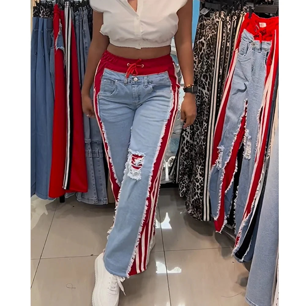 Women's High Waist Ripped Color block Wide Leg Jeans – Streetwear Denim