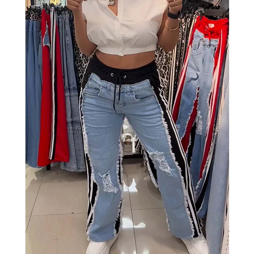 Women's High Waist Ripped Color block Wide Leg Jeans – Streetwear Denim